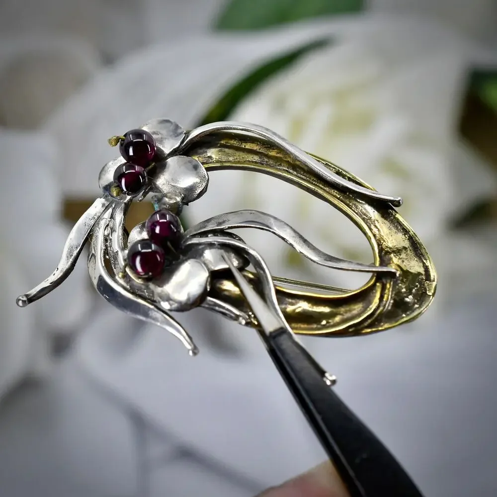 Vintage Brutalist Mixed Metal Brooch Silver Bronze Garnet Modernist Artisan